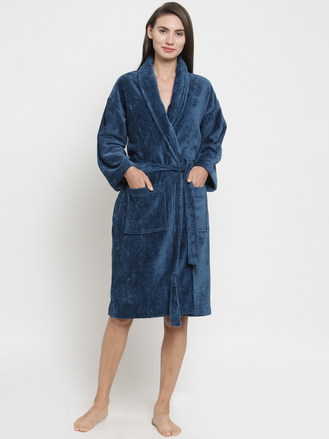

MYTRIDENT Unisex Blue Solid Bathrobe, Navy blue