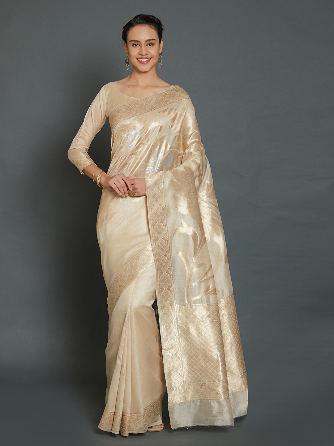 

Mitera Beige Silk Blend Woven Design Kanjeevaram Saree