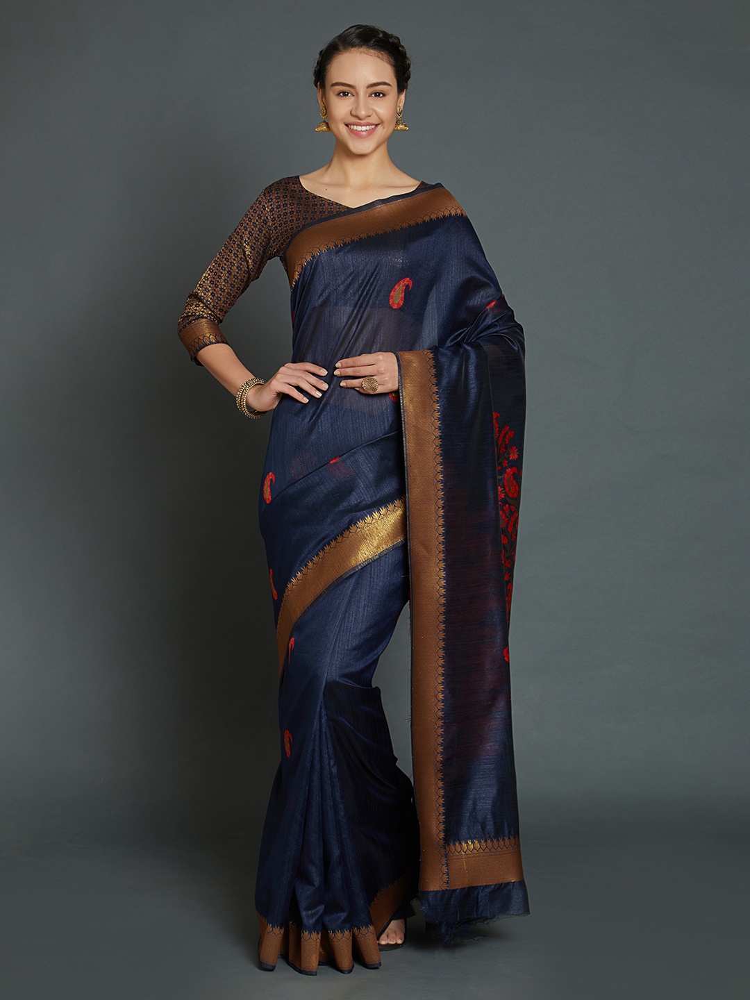 

Mitera Navy Blue Silk Blend Woven Design Kanjeevaram Saree