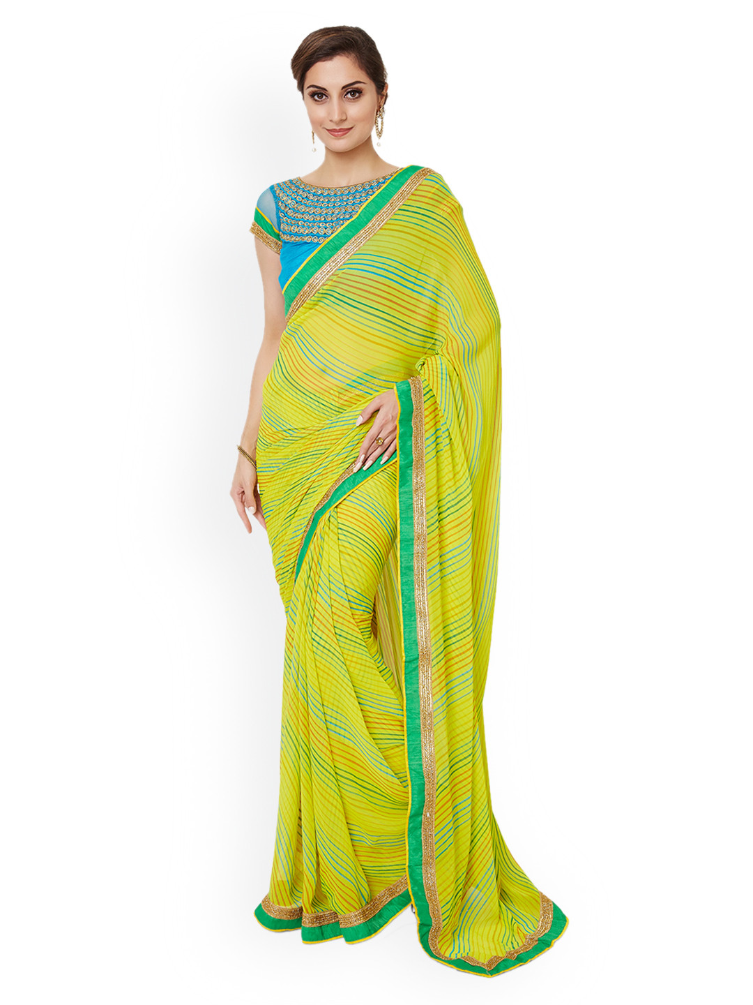 

Shaily Yellow & Blue Pure Georgette Embellished Saree