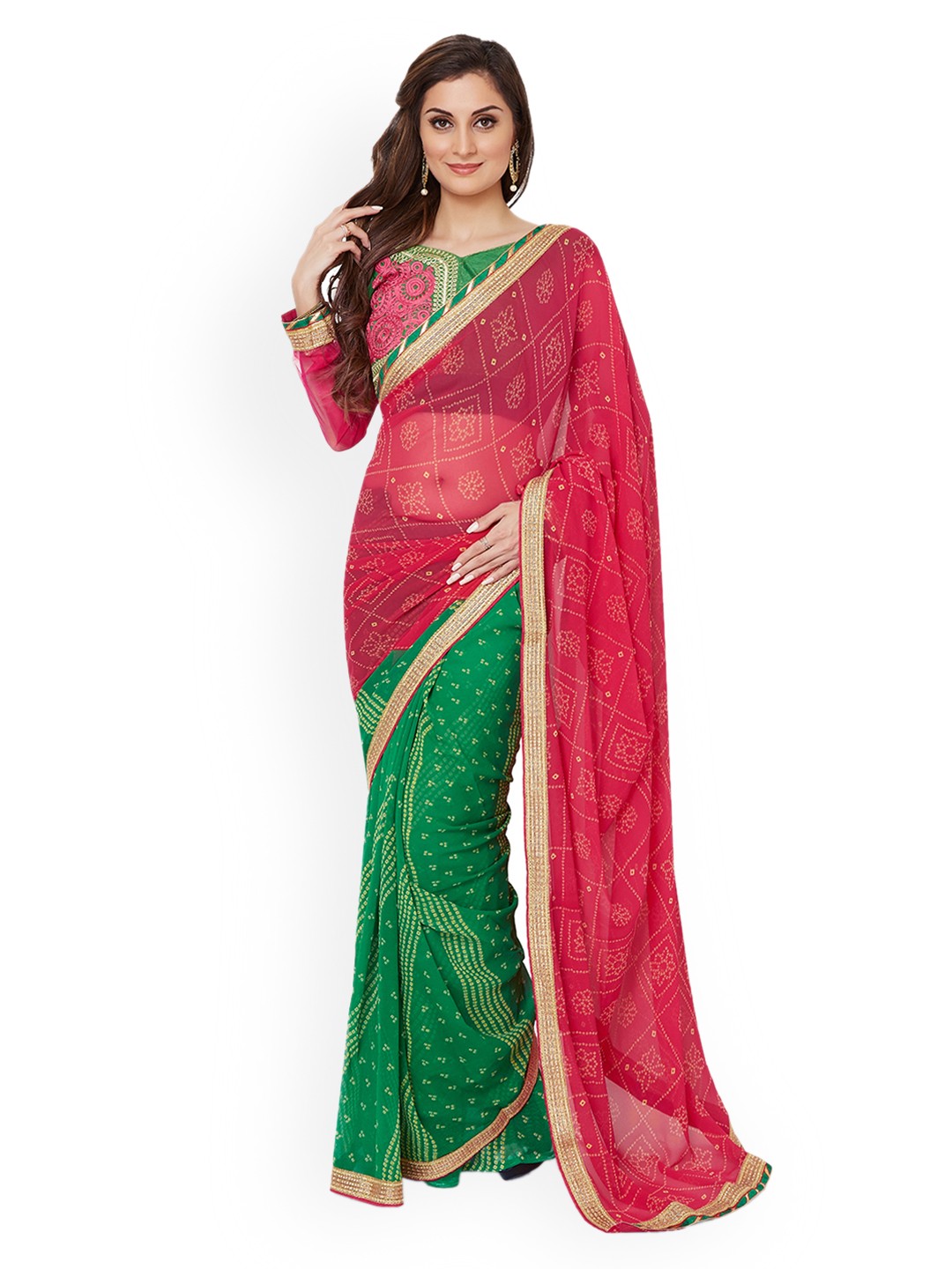 

Shaily Pink & Green Pure Georgette Printed Saree