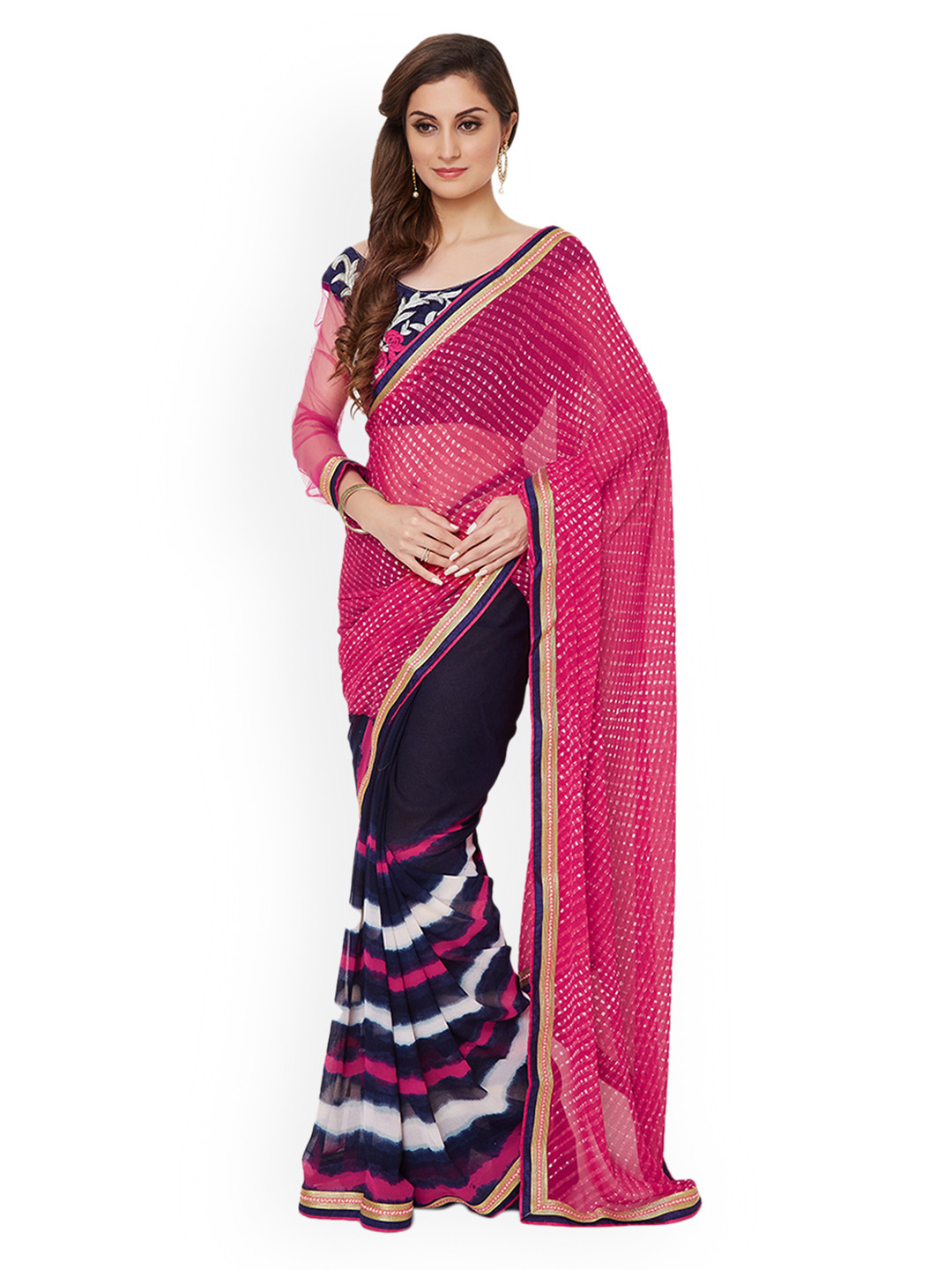 

Shaily Pink & Navy Blue Pure Georgette Printed Saree