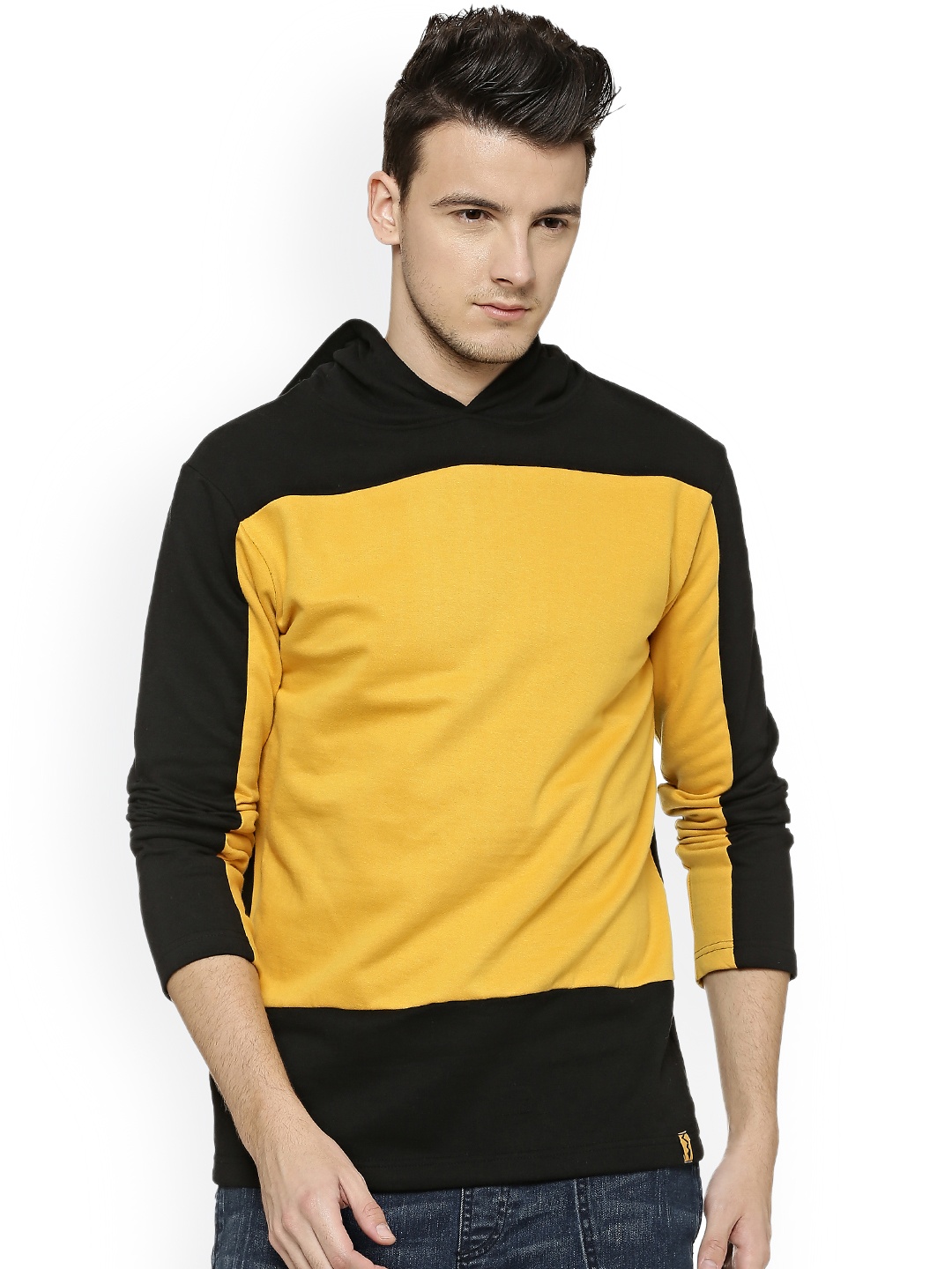 

Campus Sutra Men Black & Yellow Colourblocked Hooded Sweatshirt