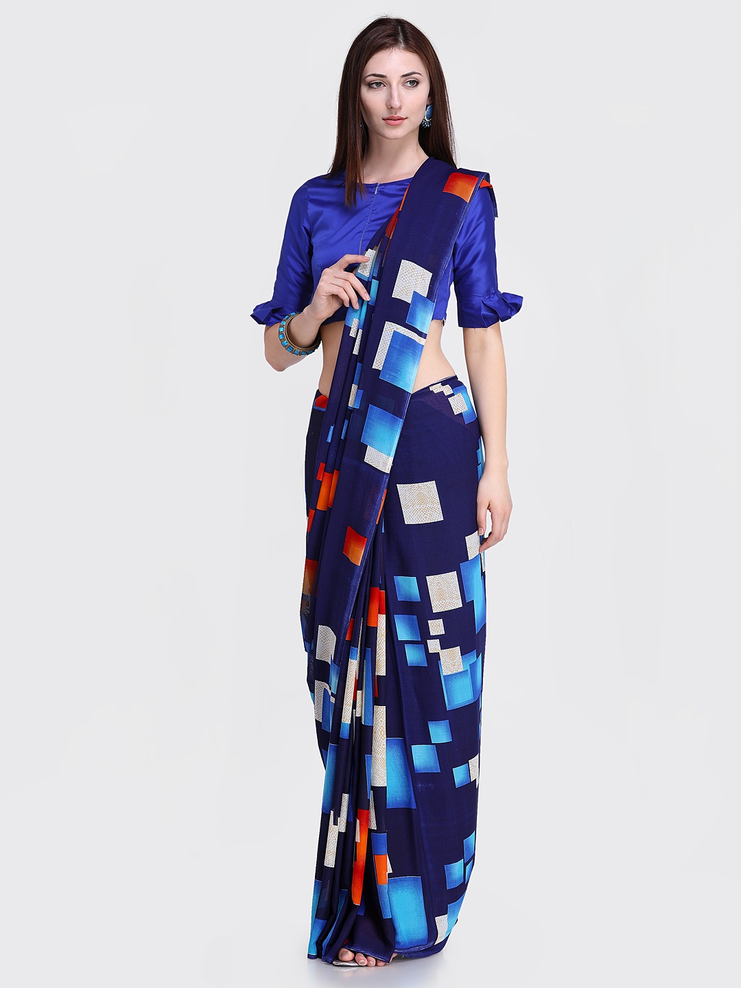 

Blissta Navy Blue Printed Poly Georgette Saree
