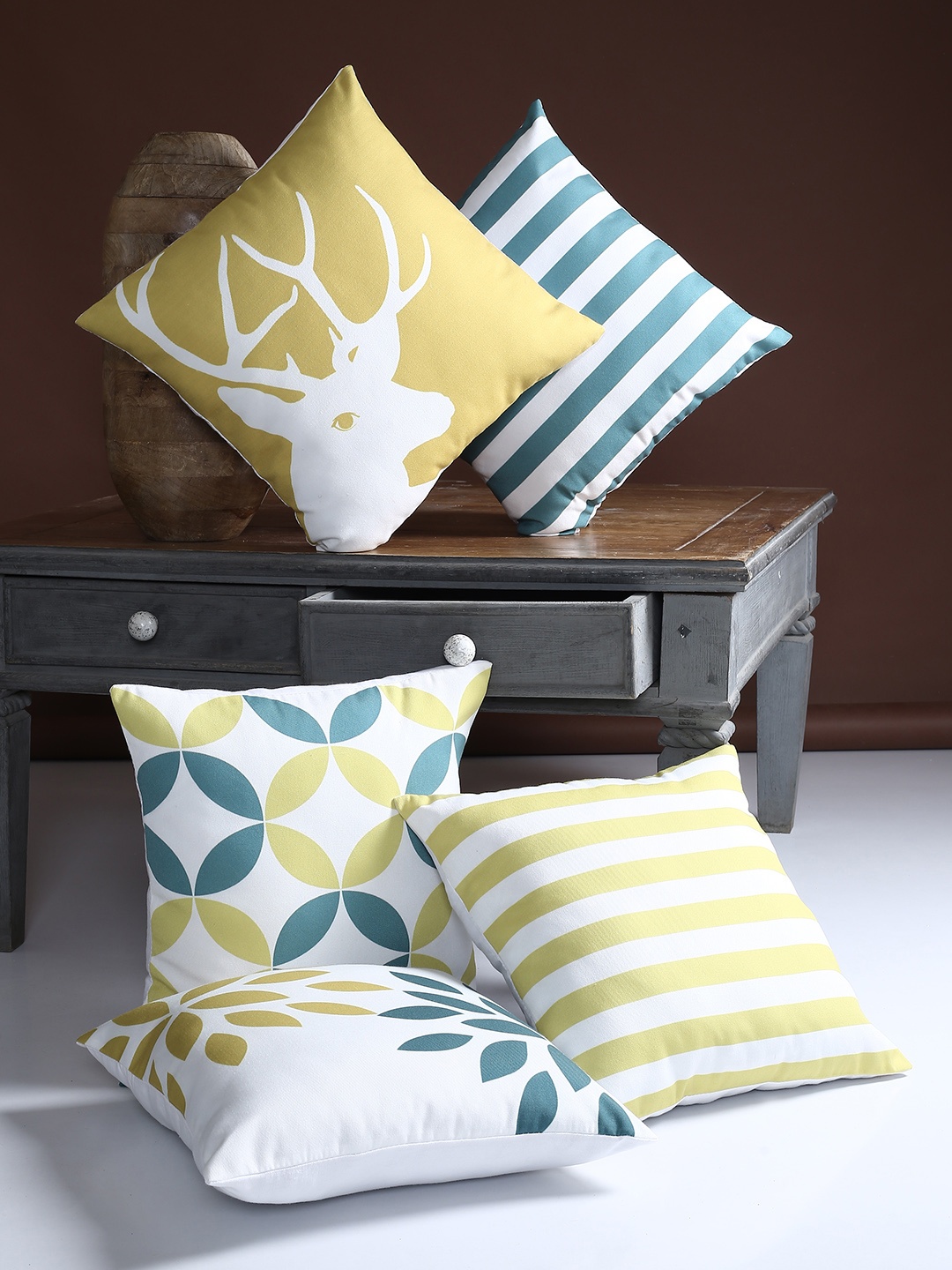 Alina decor Multicoloured Set of 5 Geometric Square Cushion Covers, Multi