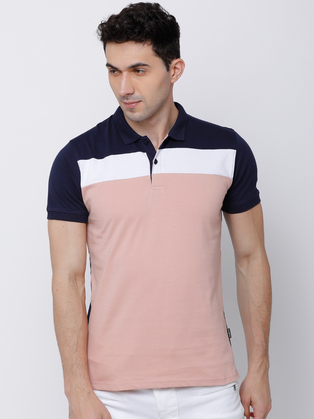 

LOCOMOTIVE Men Navy Blue & Peach Colourblocked Polo Collar T-shirt