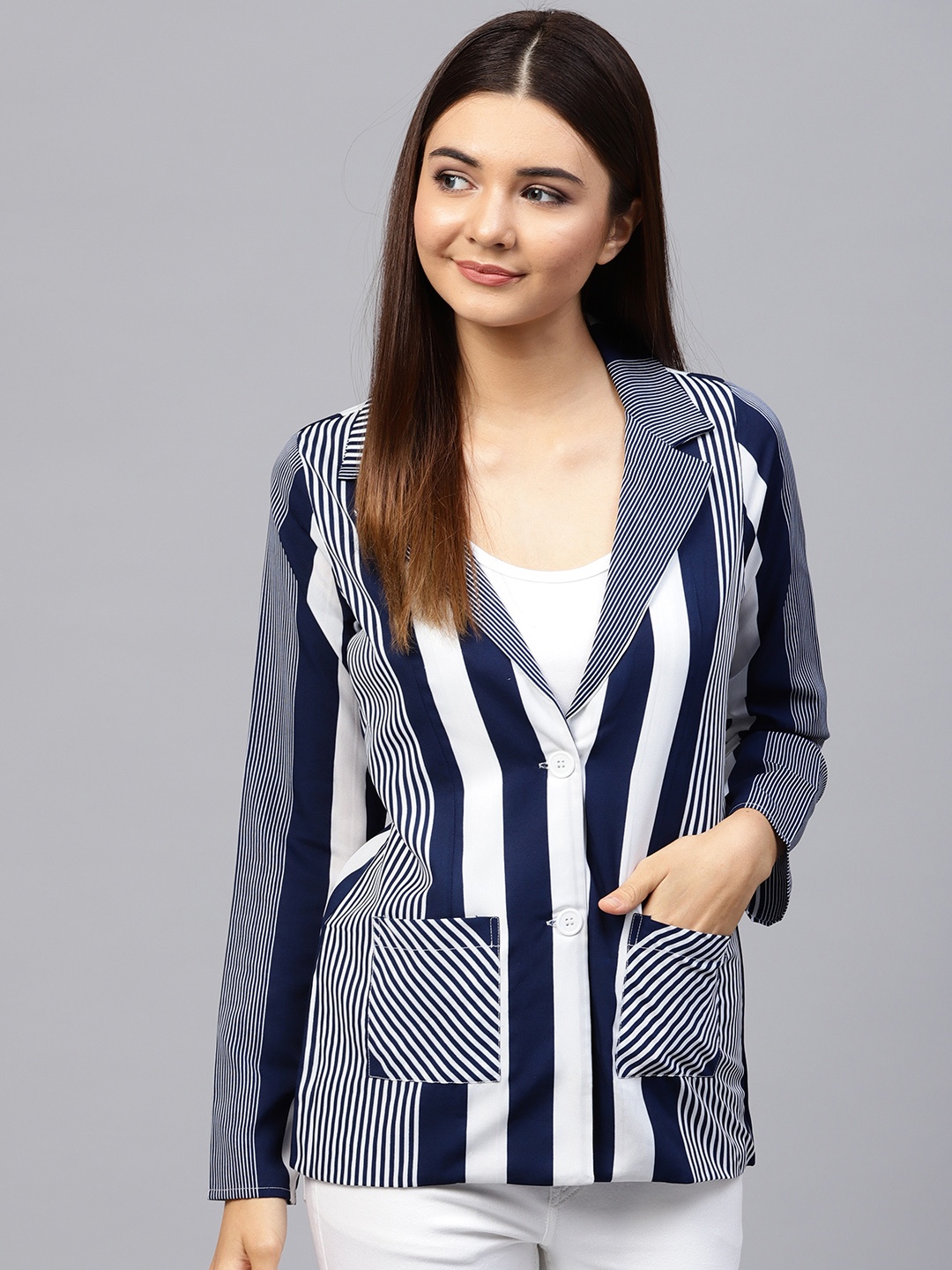 

Athena Women Navy Blue & White Single-Breasted Striped Blazer