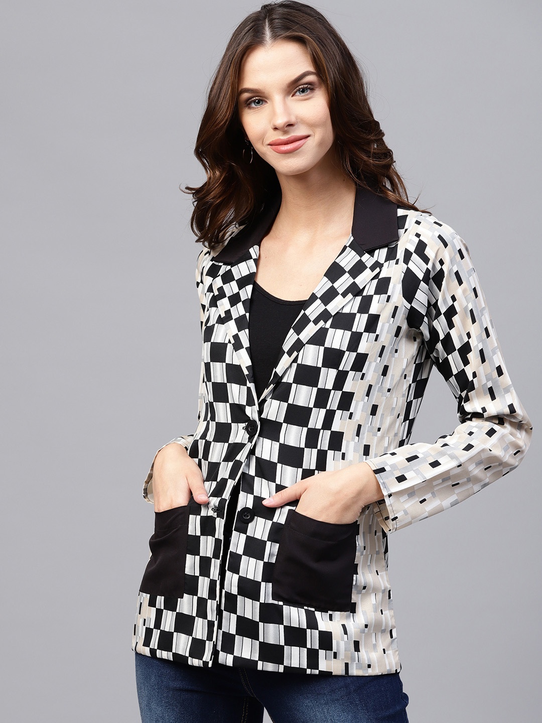 

Athena Women Black & White Single-Breasted Printed Blazer