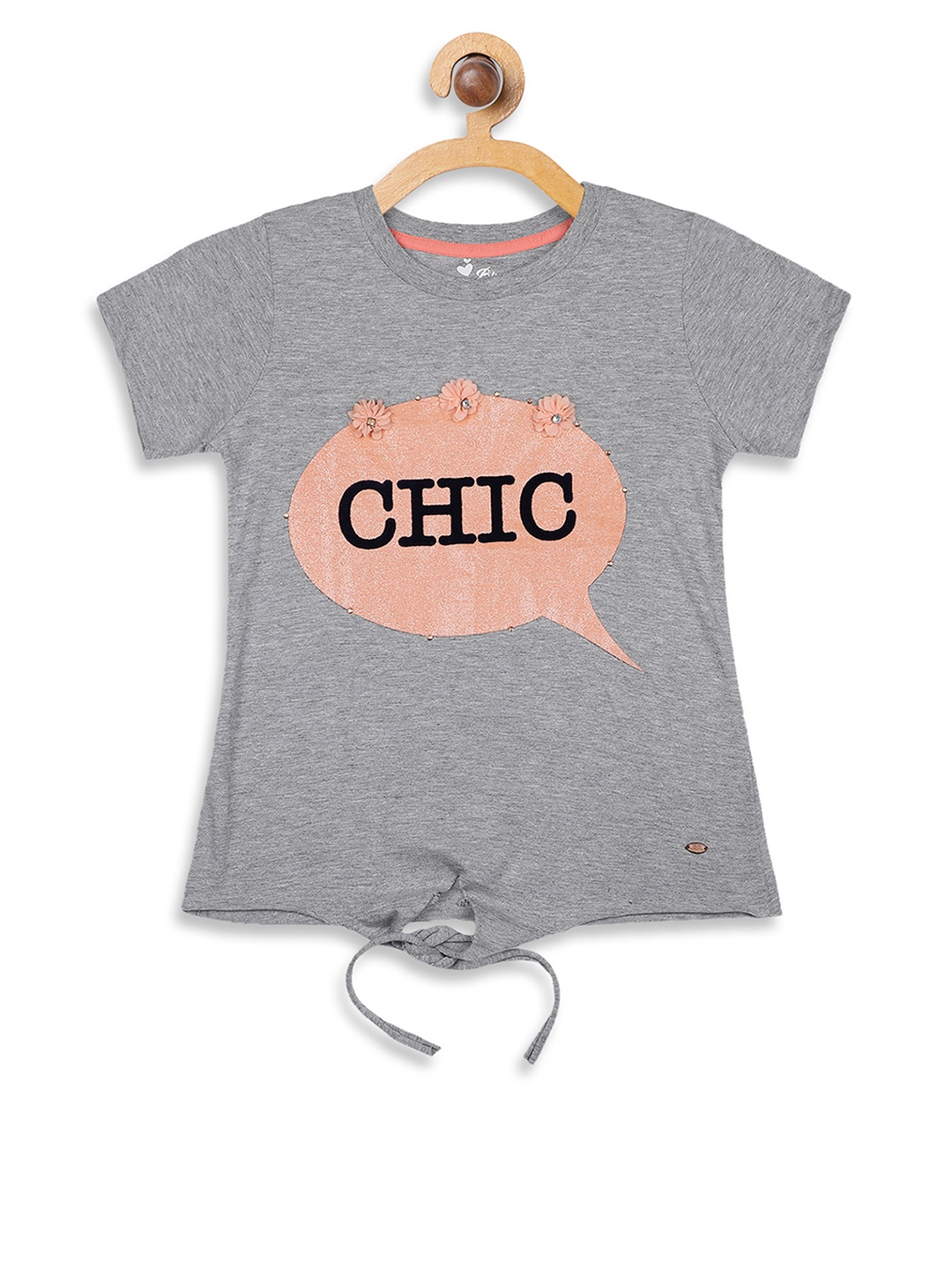 

Blue Giraffe Girls Grey Melange Printed Round Neck T-shirt