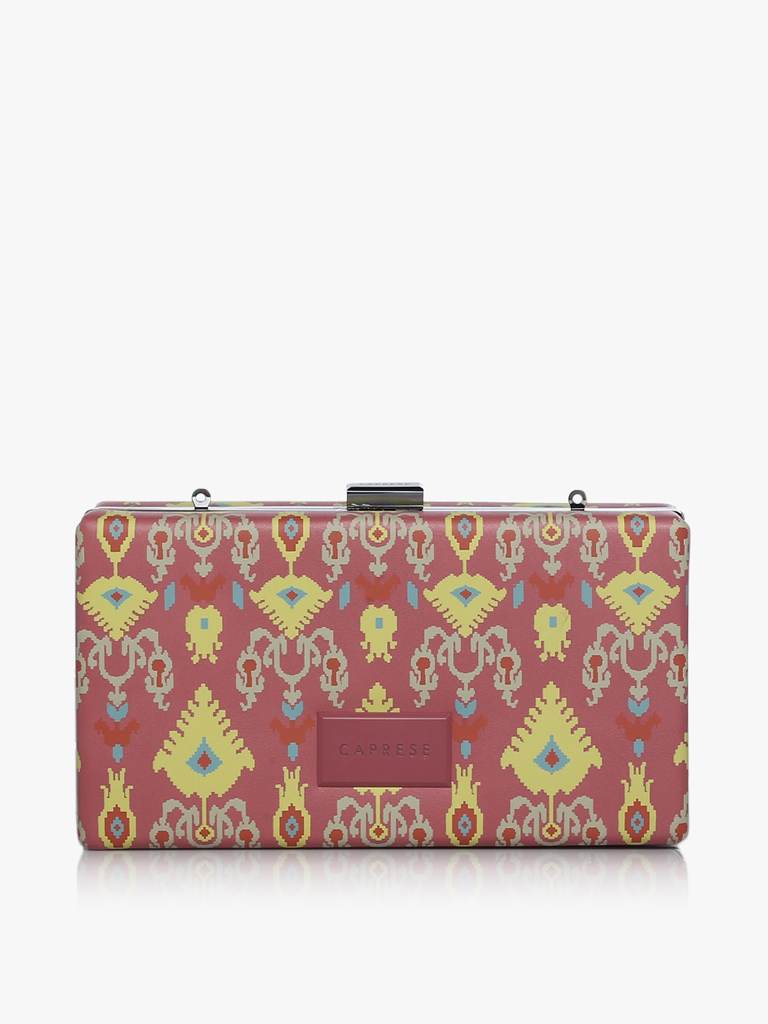 

Caprese Peach-Coloured & Yellow Printed Clutch with Sling Strap