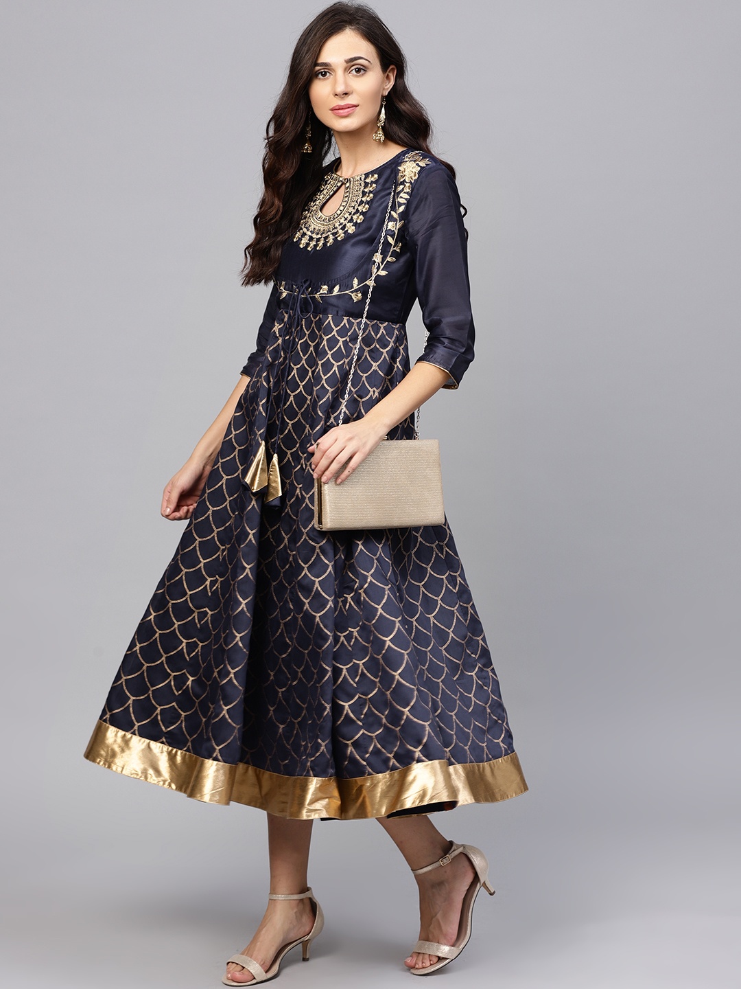 

Juniper Women Navy & Golden Printed Empire Dress, Navy blue