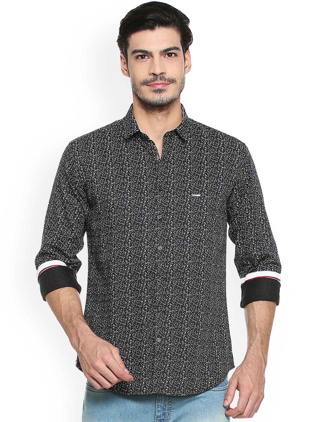 

V Dot Men Black Slim Fit Printed Casual Shirt