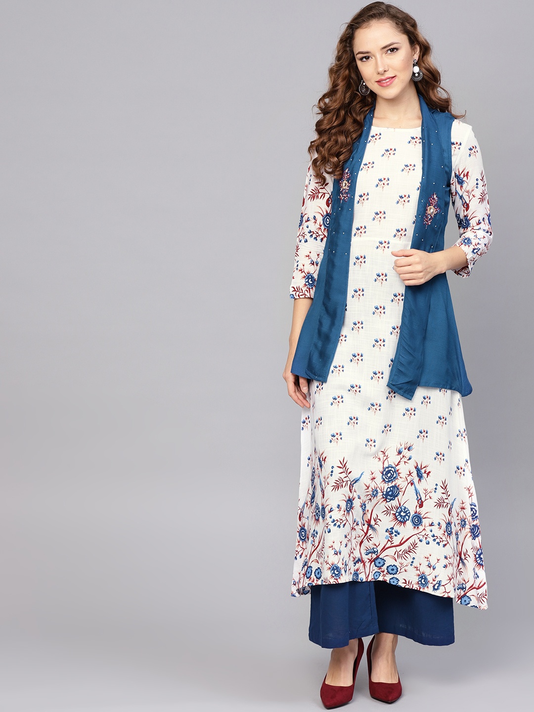 

Yufta Women White & Teal Blue Printed A-Line Kurta with Ethnic Jacket