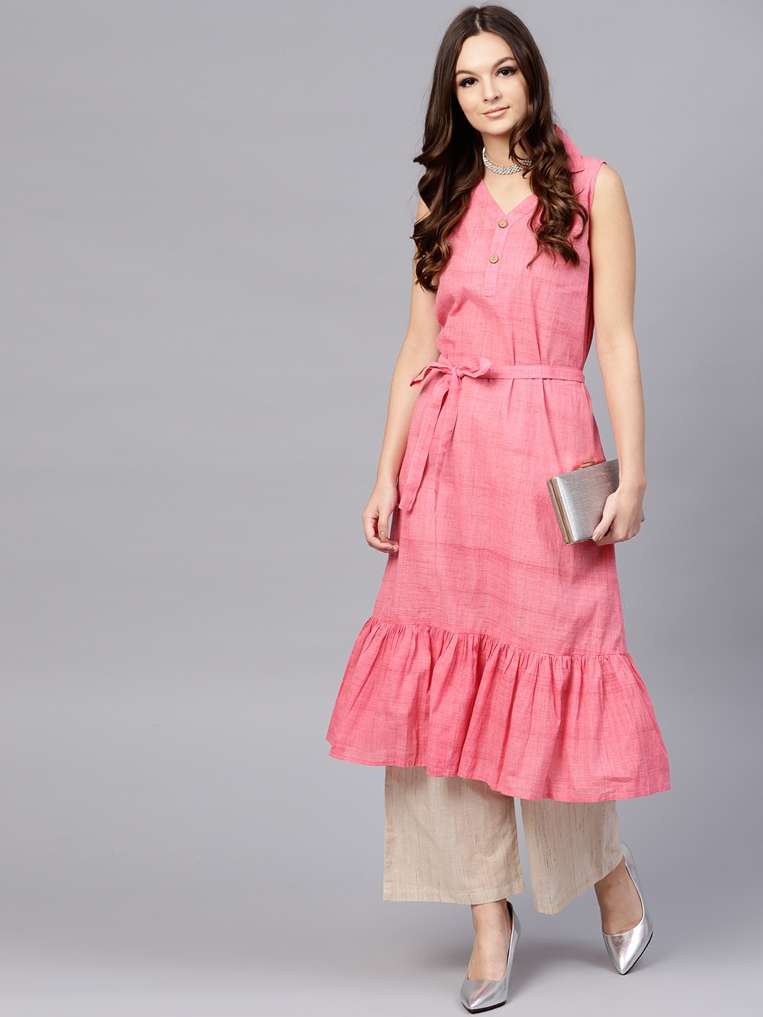 

aasi Pink Solid Handloom A-line Tunic