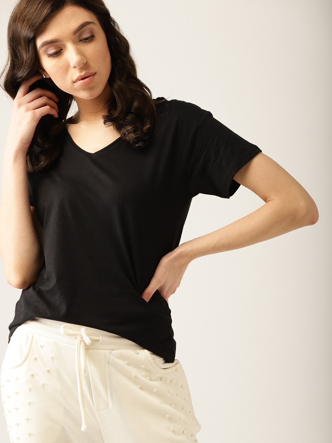

MANGO Women Black Solid Pure Cotton T-shirt