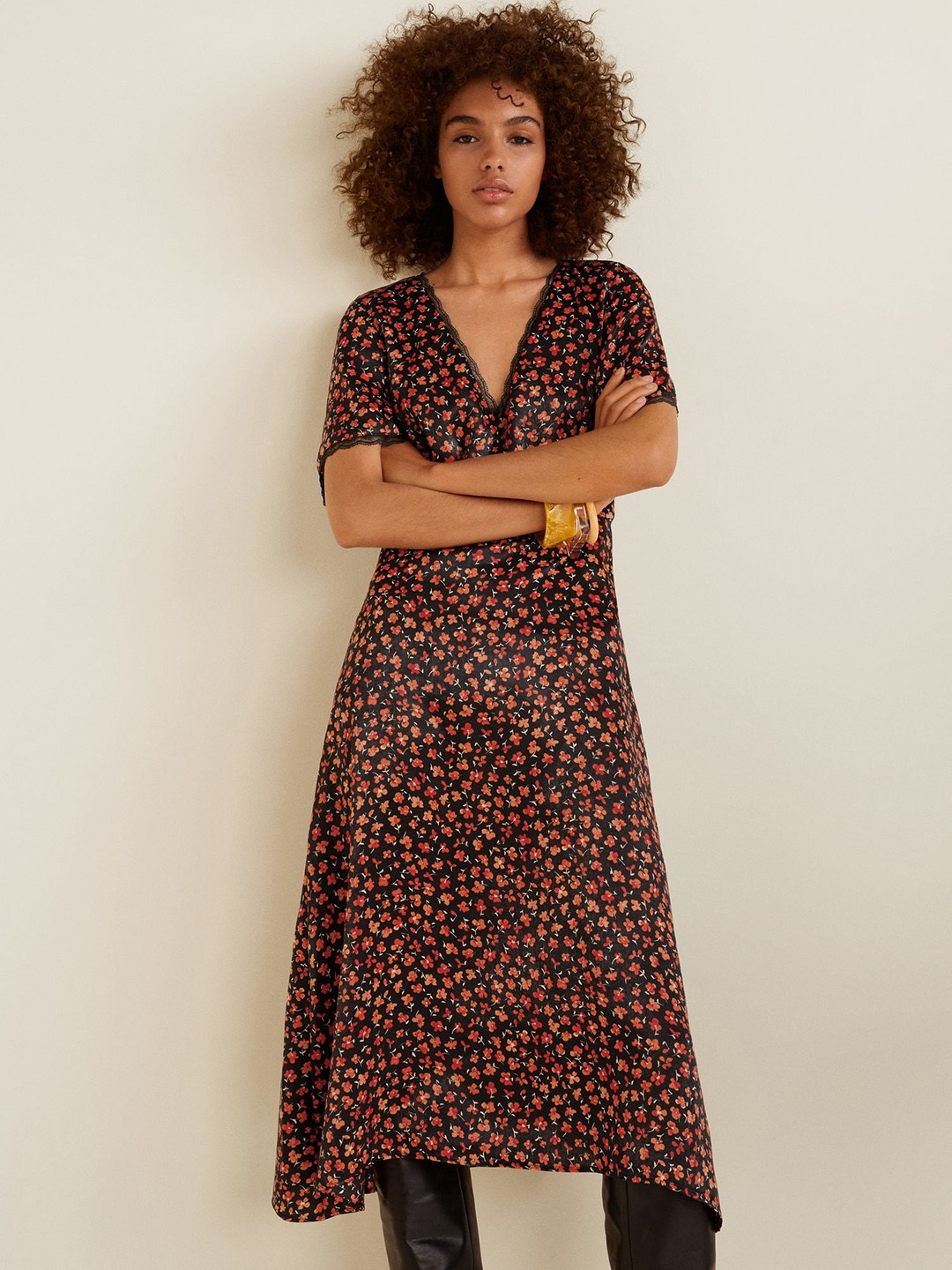 

MANGO Women Black & Orange Floral Print A-Line Dress