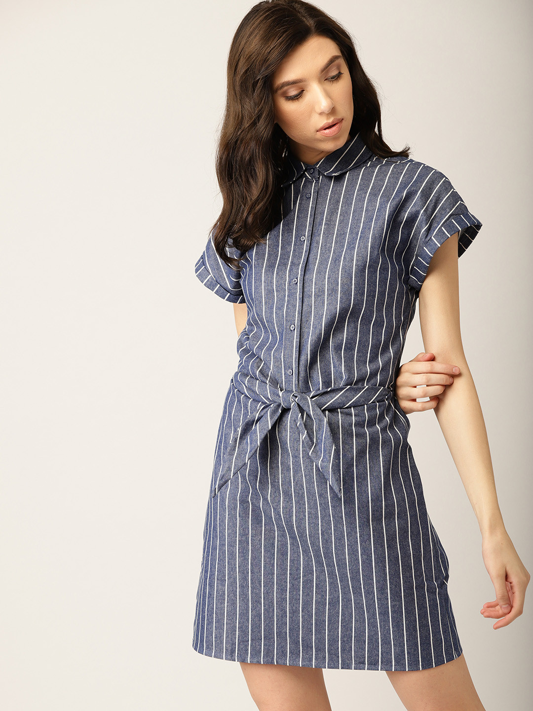 

MANGO Women Navy Blue & White Chambray Striped Shirt Dress