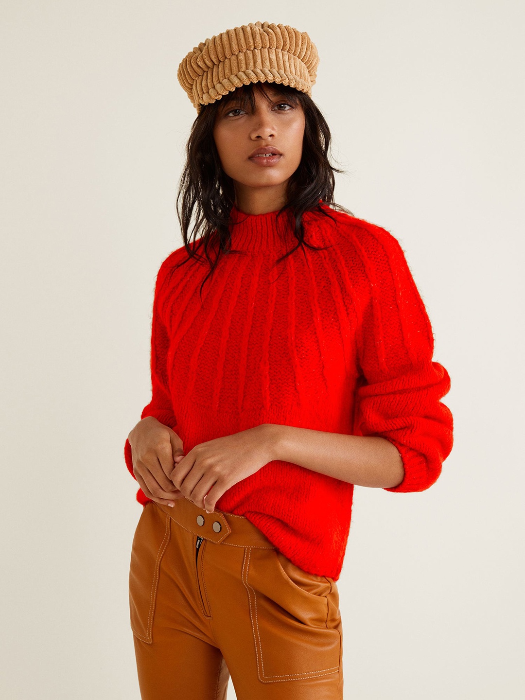 

MANGO Women Red Cable Knit Pullover