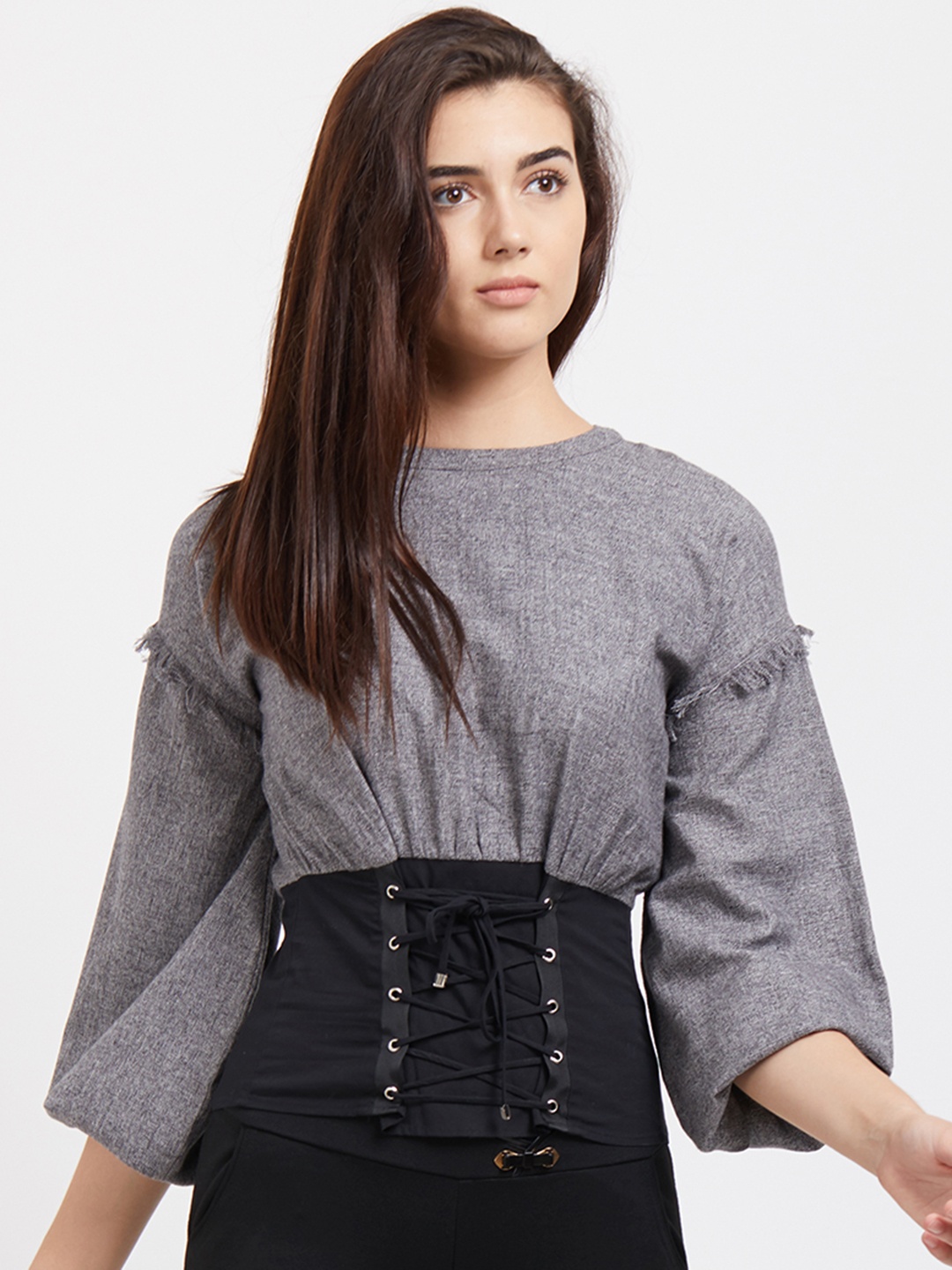 

109F Women Grey Self Design Fitted Top