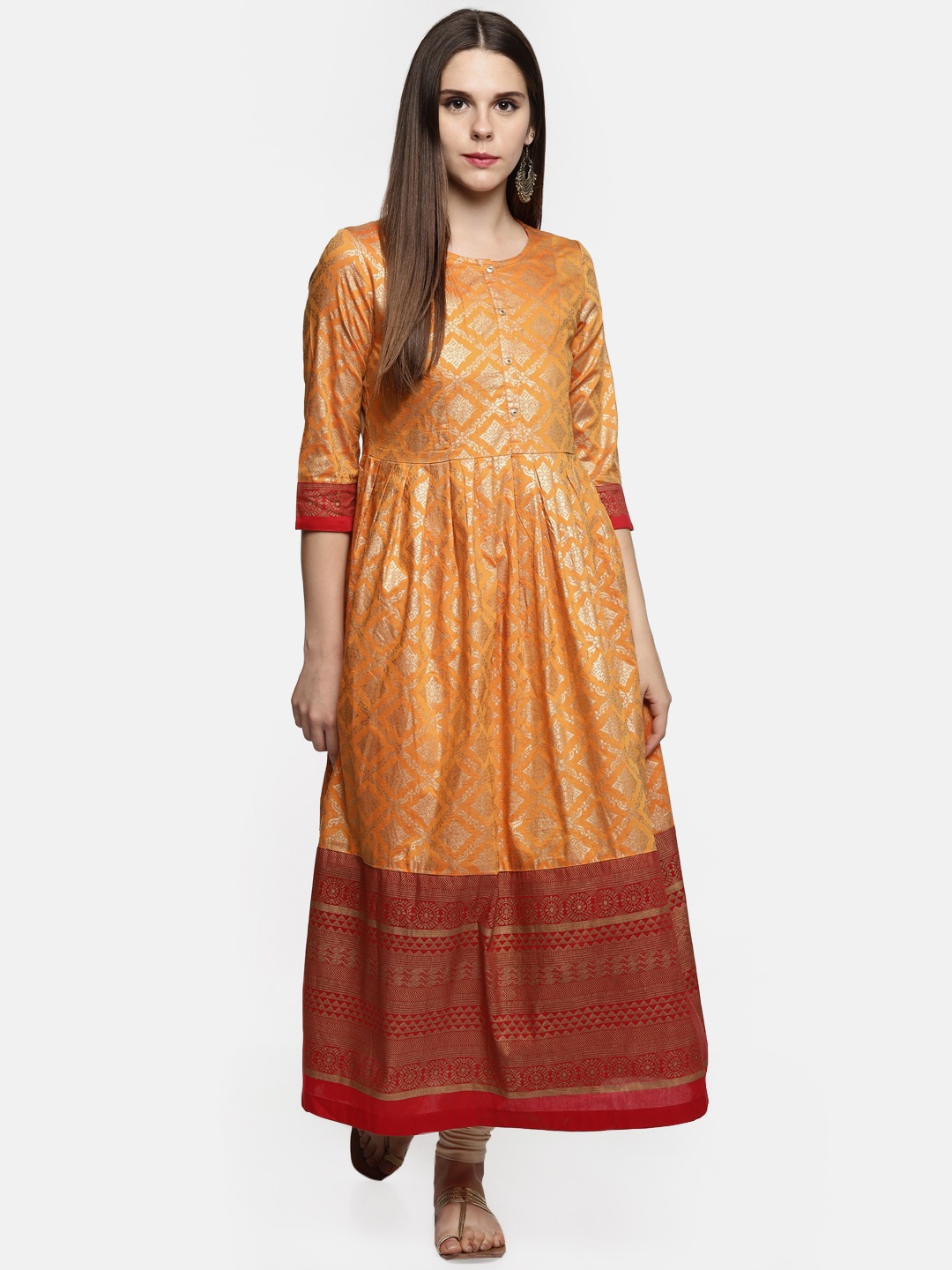 

RANGMANCH BY PANTALOONS Women Mustard & Maroon Printed Anarkali Kurta