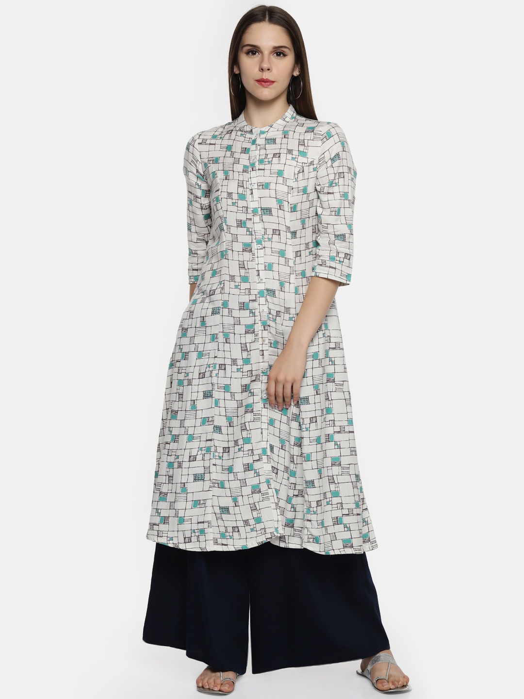 

RANGMANCH BY PANTALOONS Women Off-White & Blue Printed A-Line Kurta