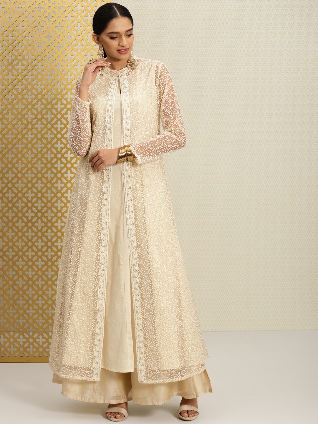 

House of Pataudi Women Cream-Coloured Woven Design A-Line Layered Kurta