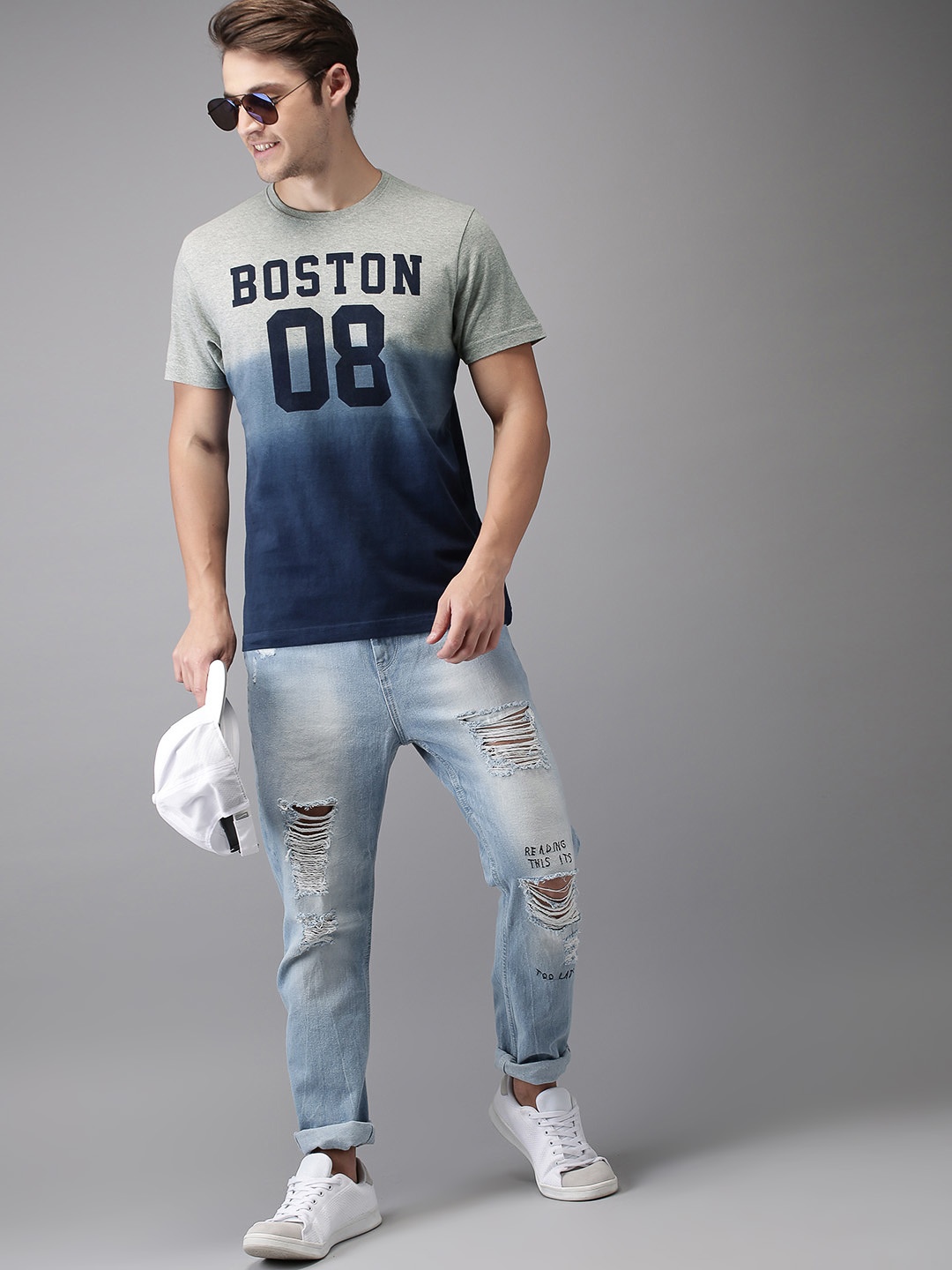 

HERE&NOW Men Navy Blue & Grey Printed T-shirt