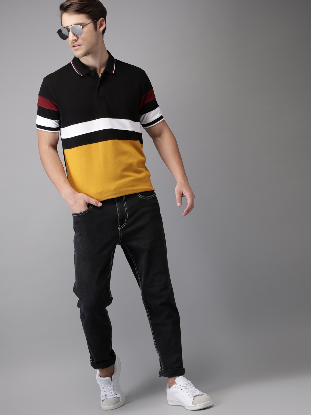 

HERENOW Men Mustard Yellow Black Colourblocked Polo Collar Pure Cotton T-shirt