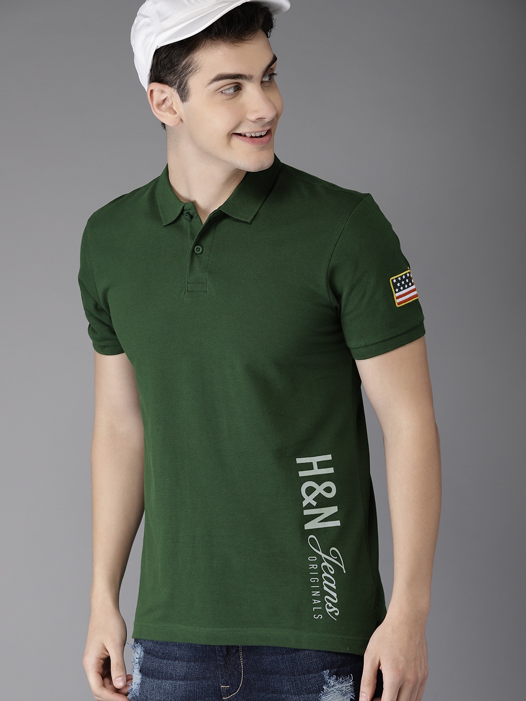 

HERENOW Men Green Printed Polo Collar Pure Cotton T-shirt