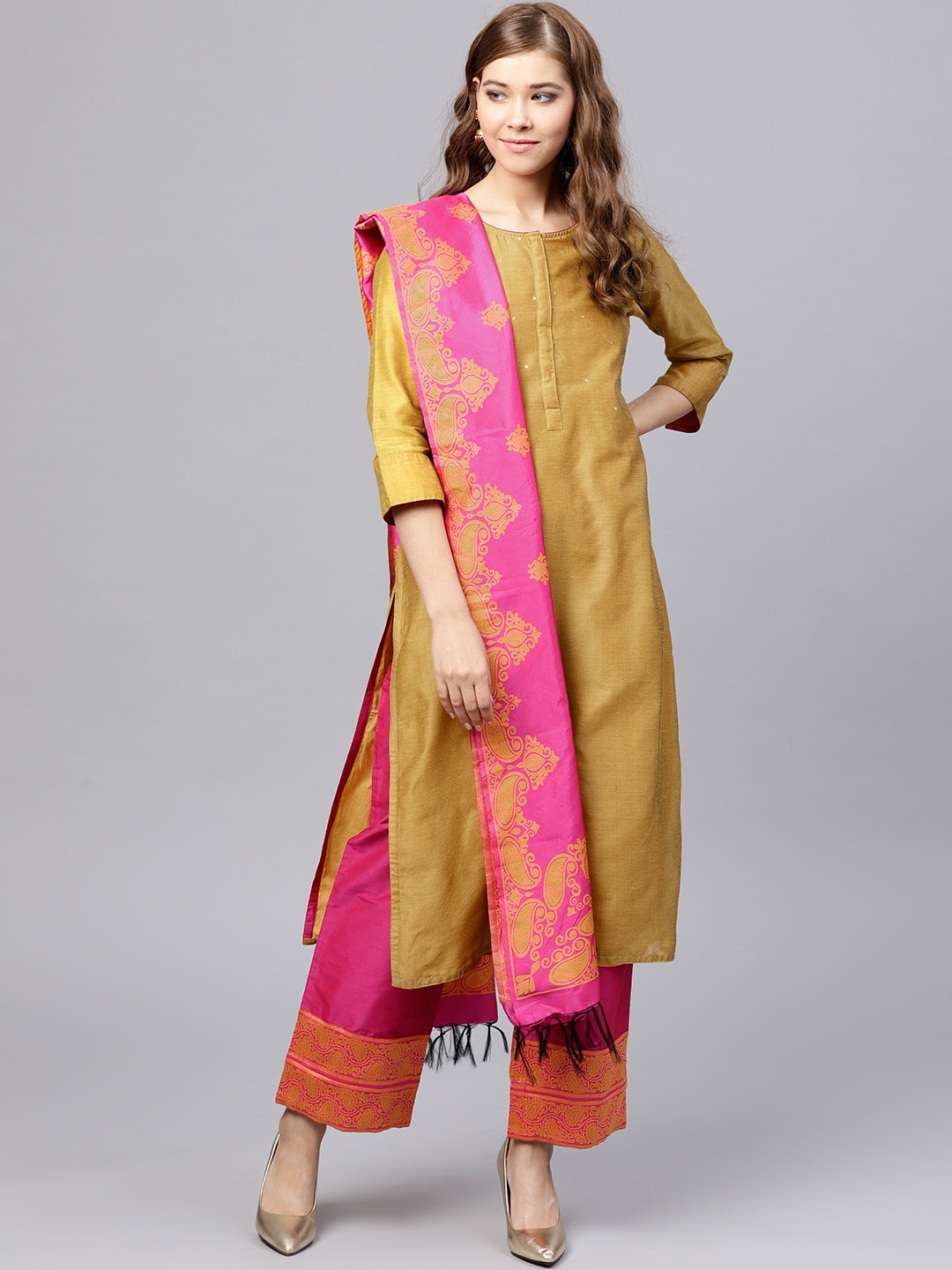 

Jaipur Kurti Women Mustard Brown & Magenta Solid Kurta with Palazzos & Dupatta