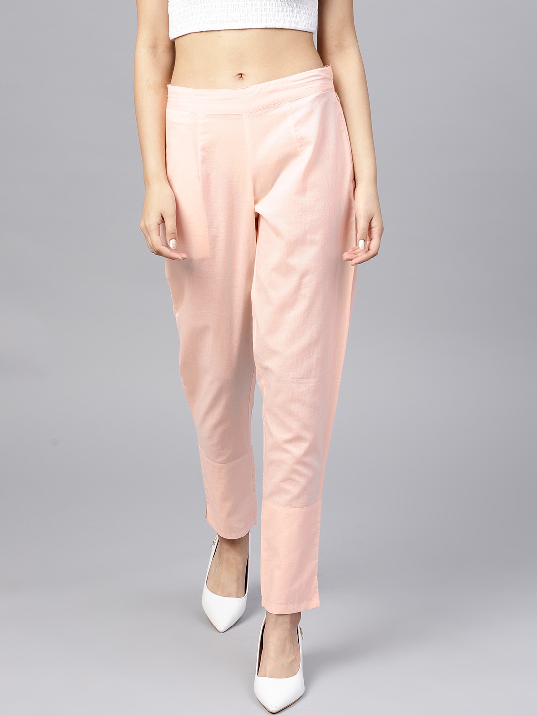 

Jaipur Kurti Women Peach-Coloured Regular Fit Solid Trousers