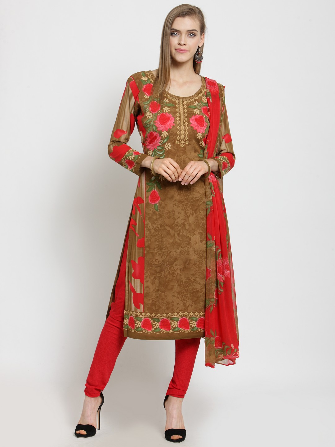 

SALWAR STUDIO Brown & Red Poly Crepe Unstitched Dress Material