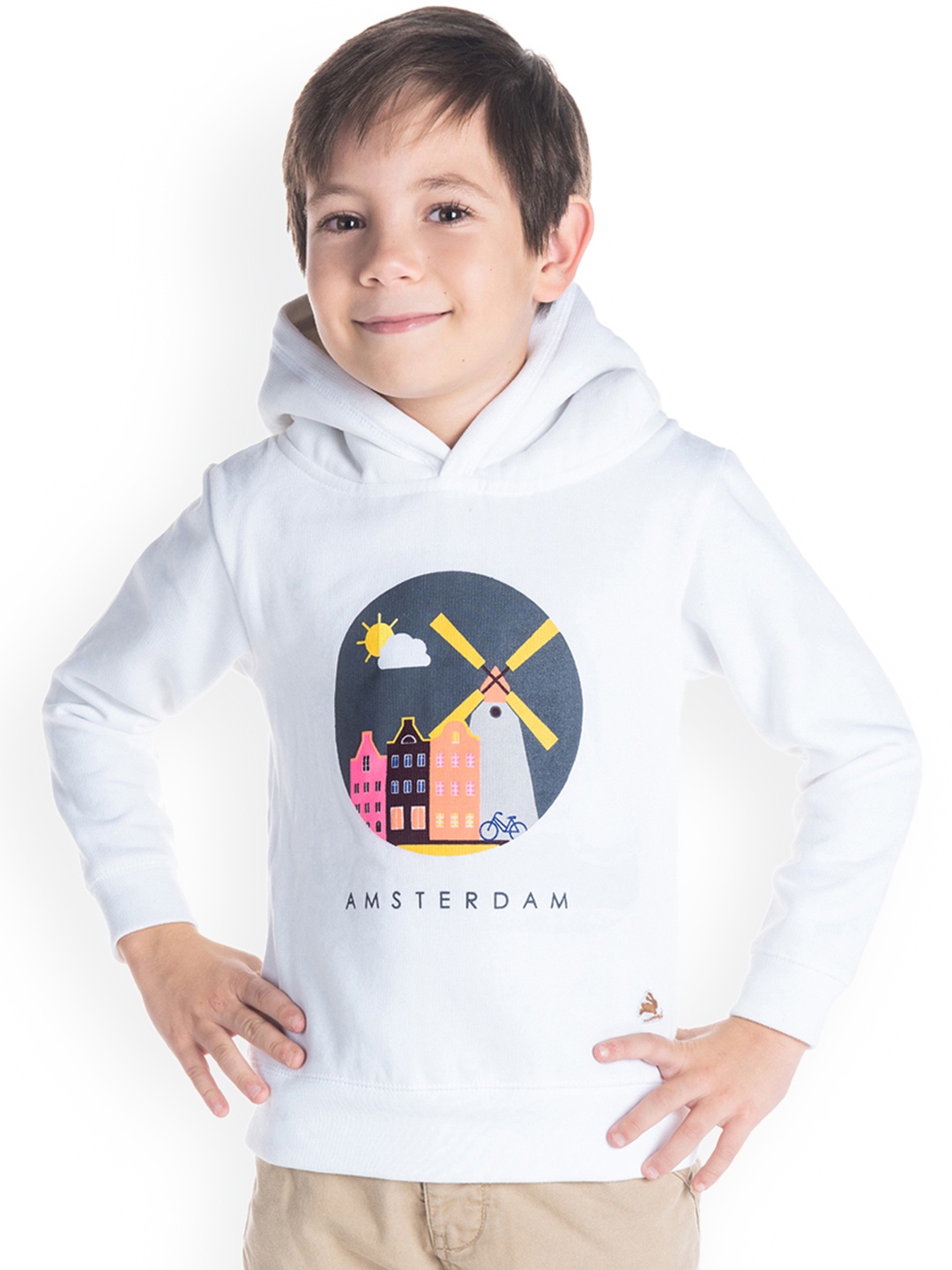 

Cherry Crumble Boys White Printed Hooded Sweatshirt