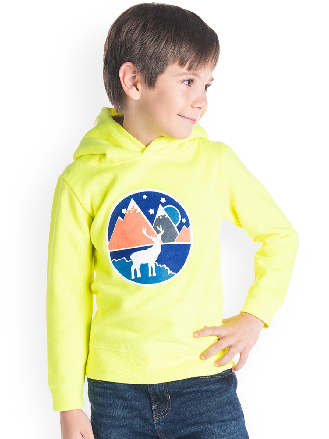 

Cherry Crumble Boys Yellow Printed Hooded Sweatshirt