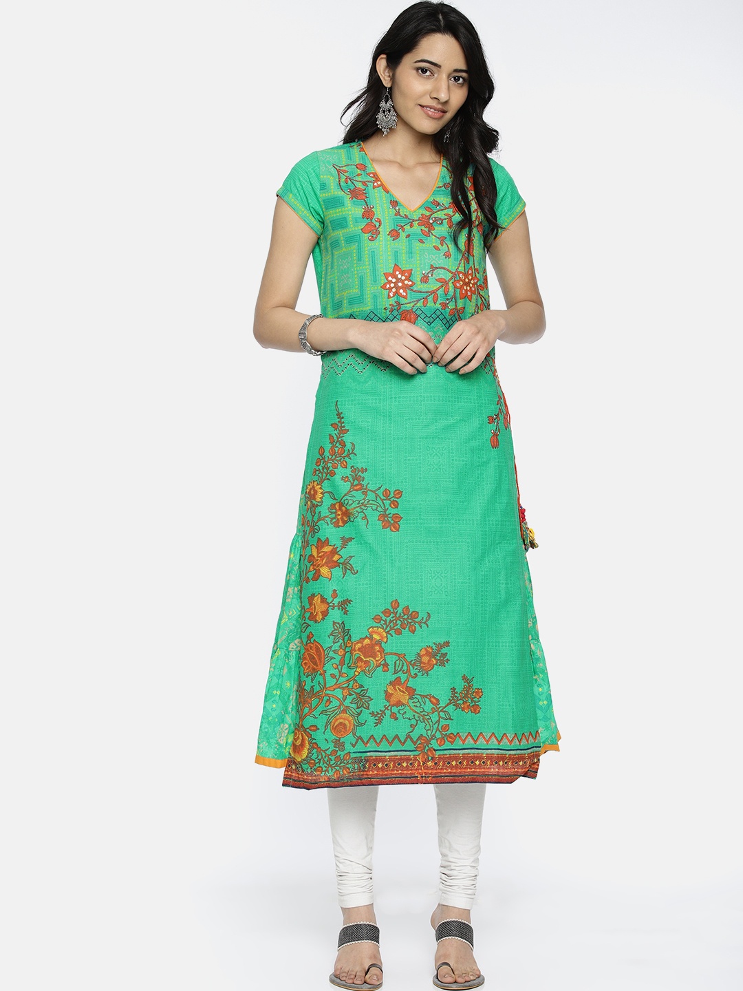

Biba Women Green Printed Straight Layered Kurta