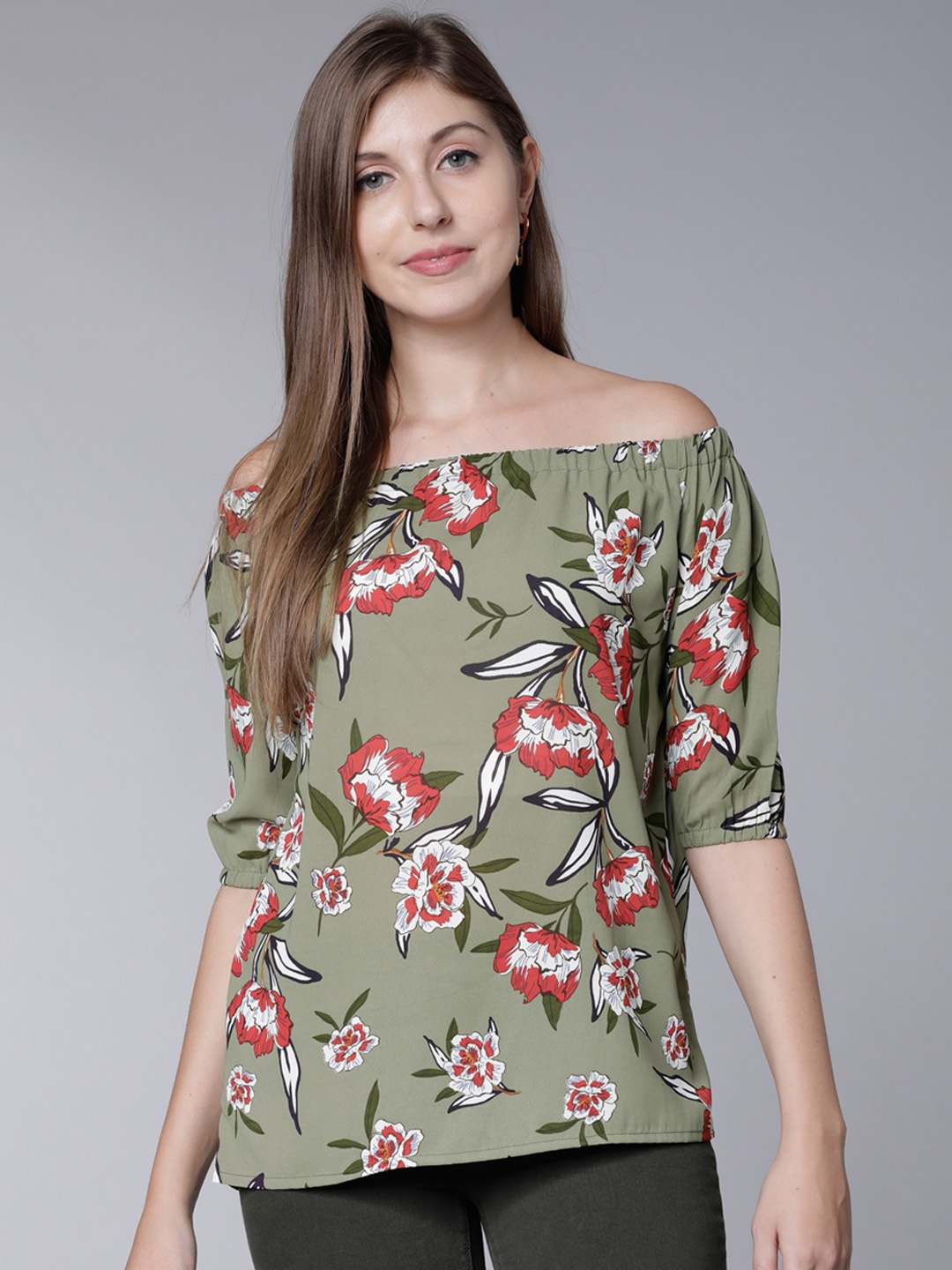 

Tokyo Talkies Women Olive Green Printed Bardot Top