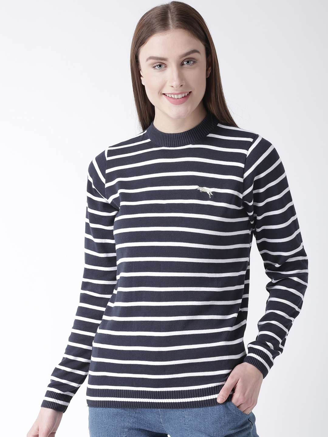 

JUMP USA Women Navy Blue & White Striped Pullover