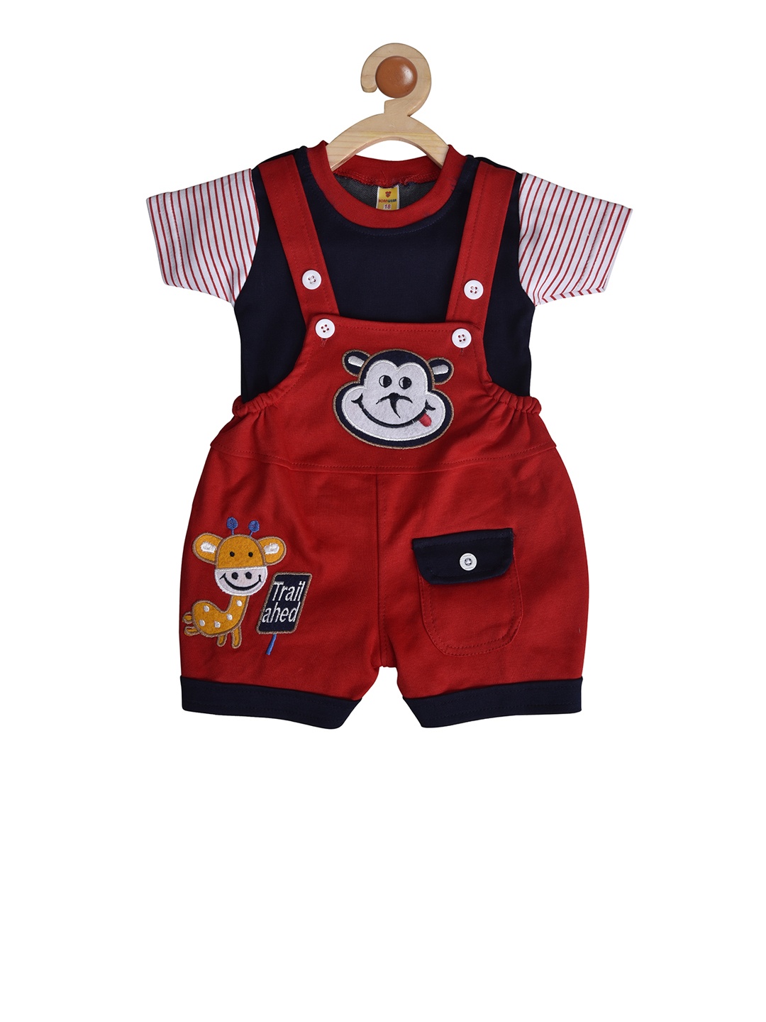

BORN WEAR Kids Red & Navy Blue Solid T-shirt with Dungarees