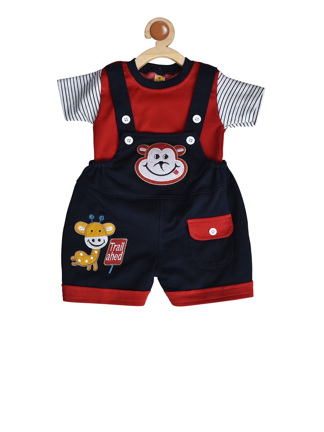 

BORN WEAR Kids Navy Blue & Red Solid T-shirt with Dungarees