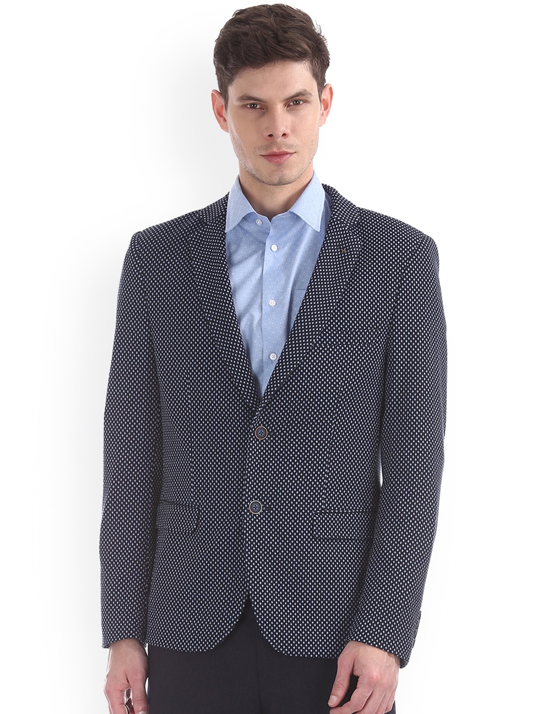 

Arrow Men Navy Slim Fit Self Design Single Breasted Blazer, Navy blue