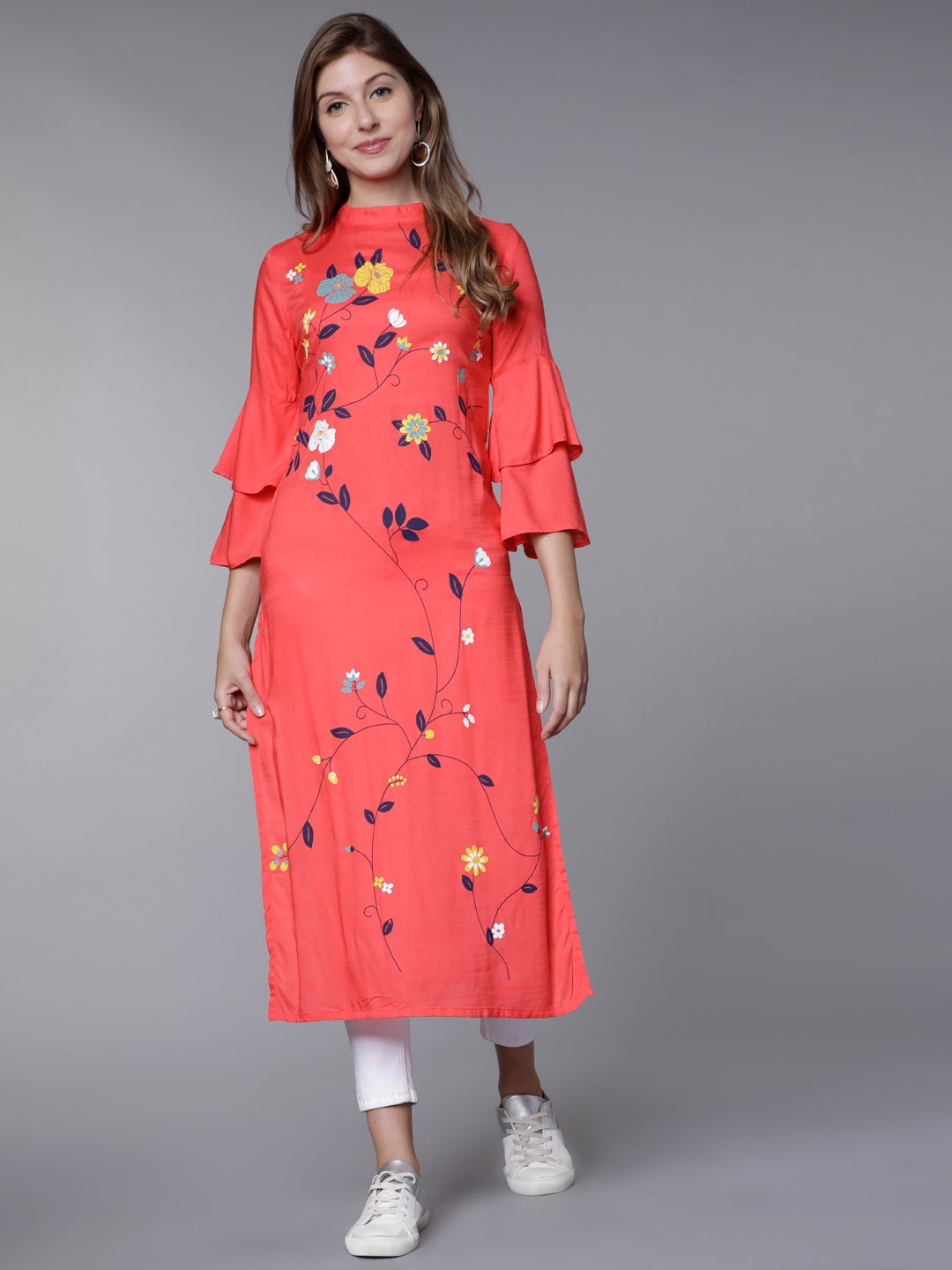 

Vishudh Women Coral Floral Print Straight Kurta