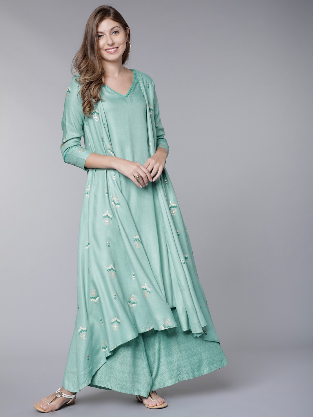 

Vishudh Women Sea Green Printed Anarkali Kurta with Palazzos