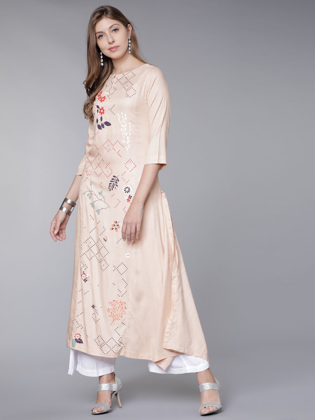 

Vishudh Women Peach-Coloured Printed A-Line Kurta