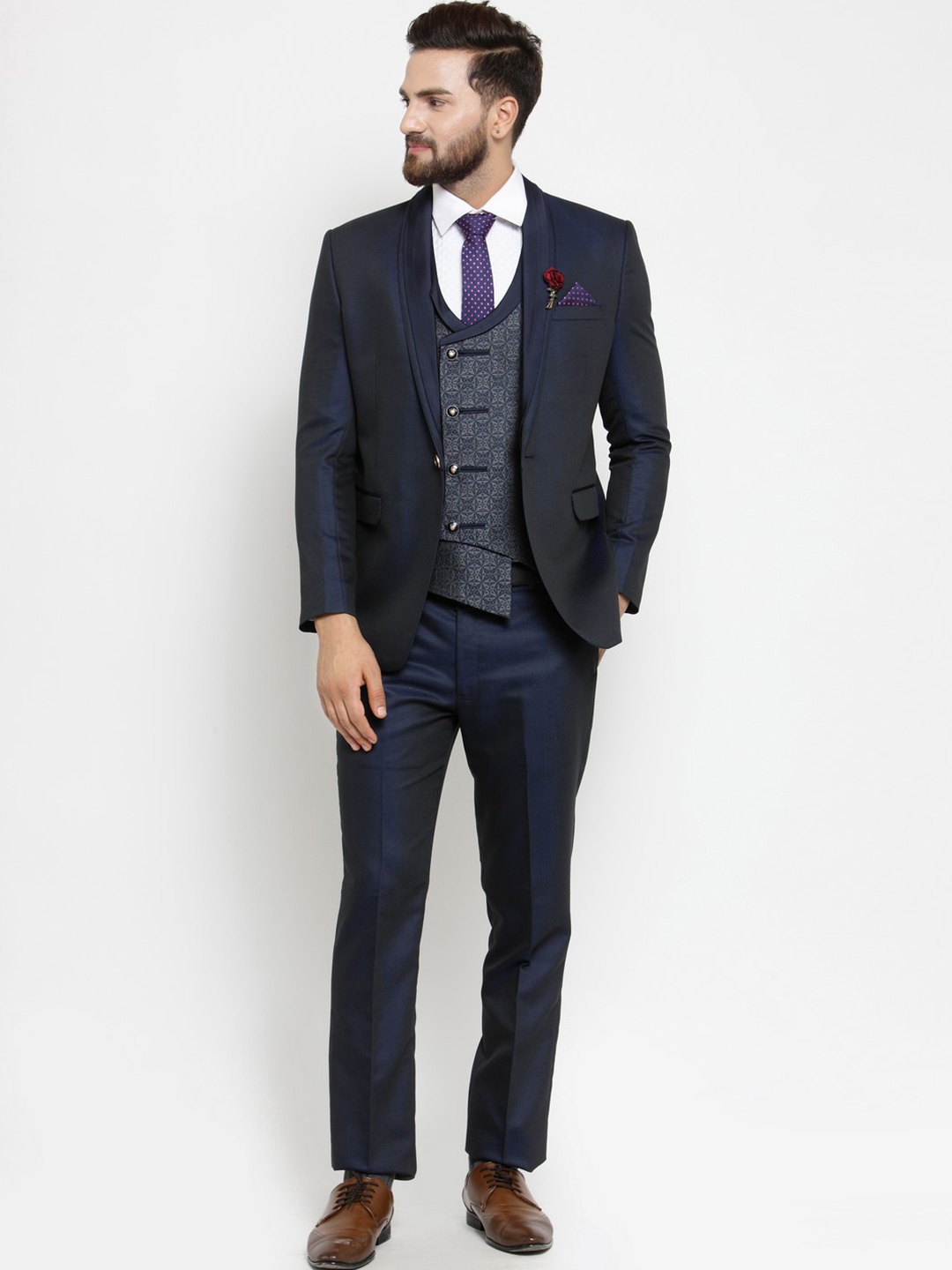 

LUXURAZI Men Blue Slim Fit Shawl Collar Single Breasted Grey Suit