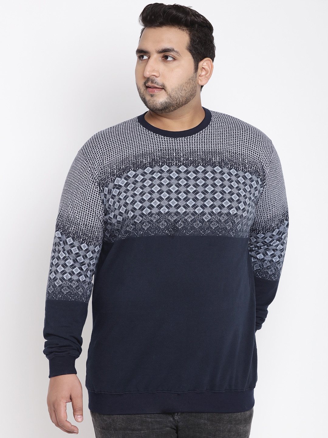 

John Pride Plus Size Men Navy Blue Grey Self Design Sweatshirt