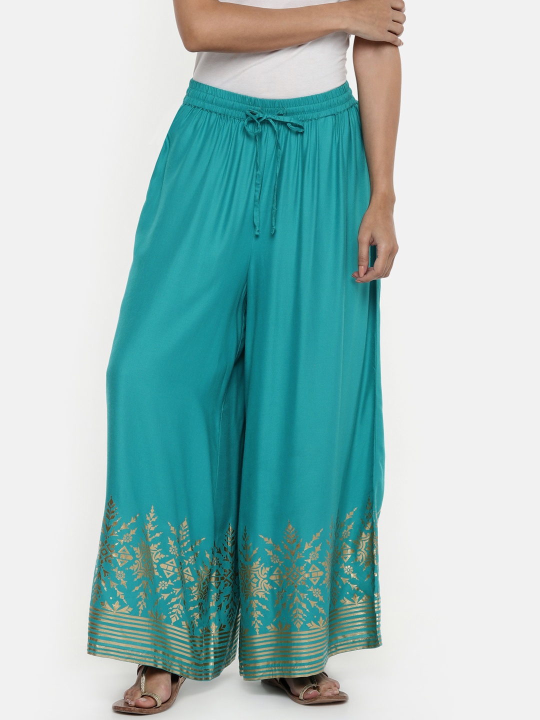 

RANGMANCH BY PANTALOONS Women Turquoise Blue Printed Wide Leg Palazzos