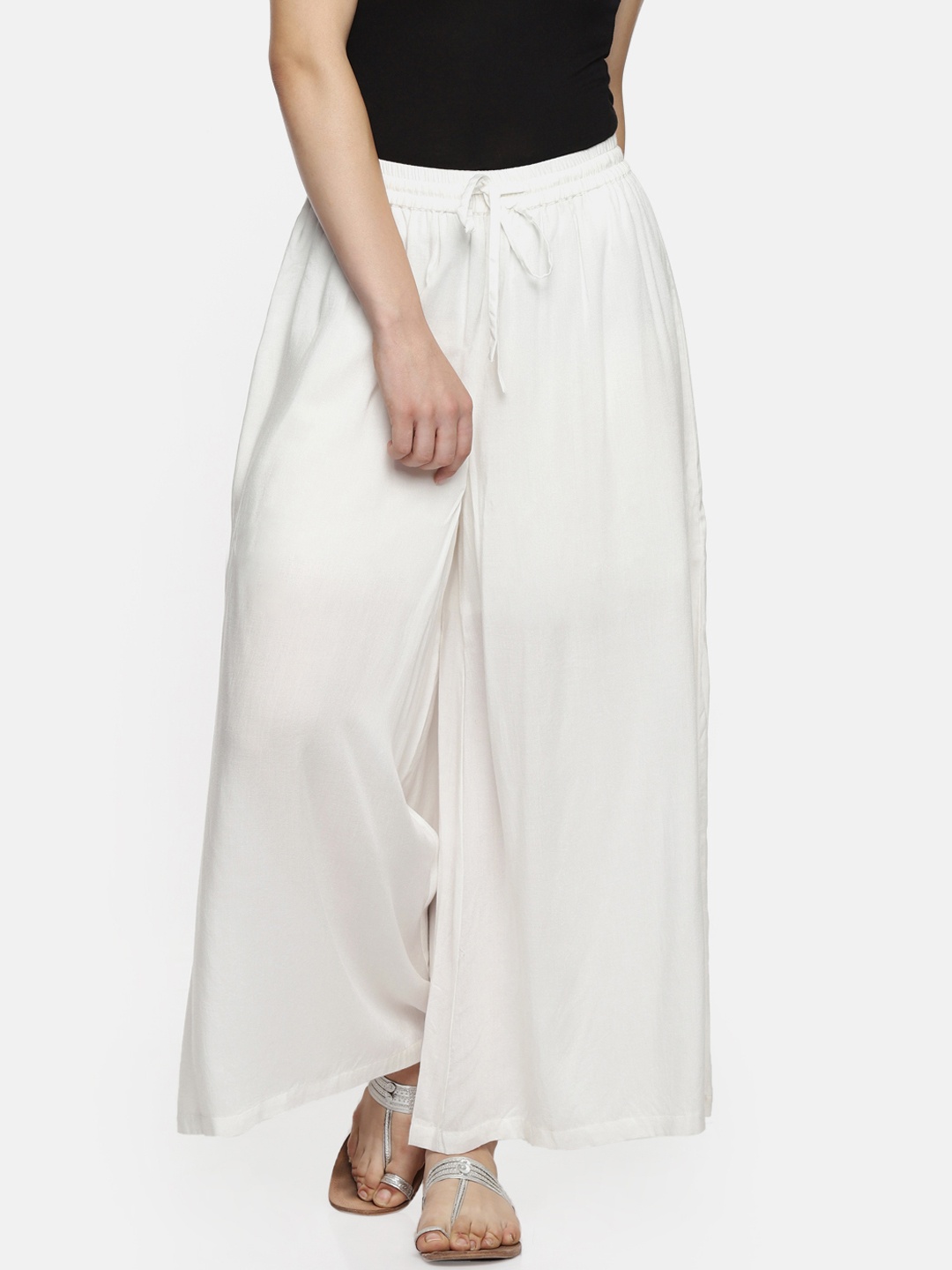 

RANGMANCH BY PANTALOONS Women Off-White Solid Wide Leg Palazzos