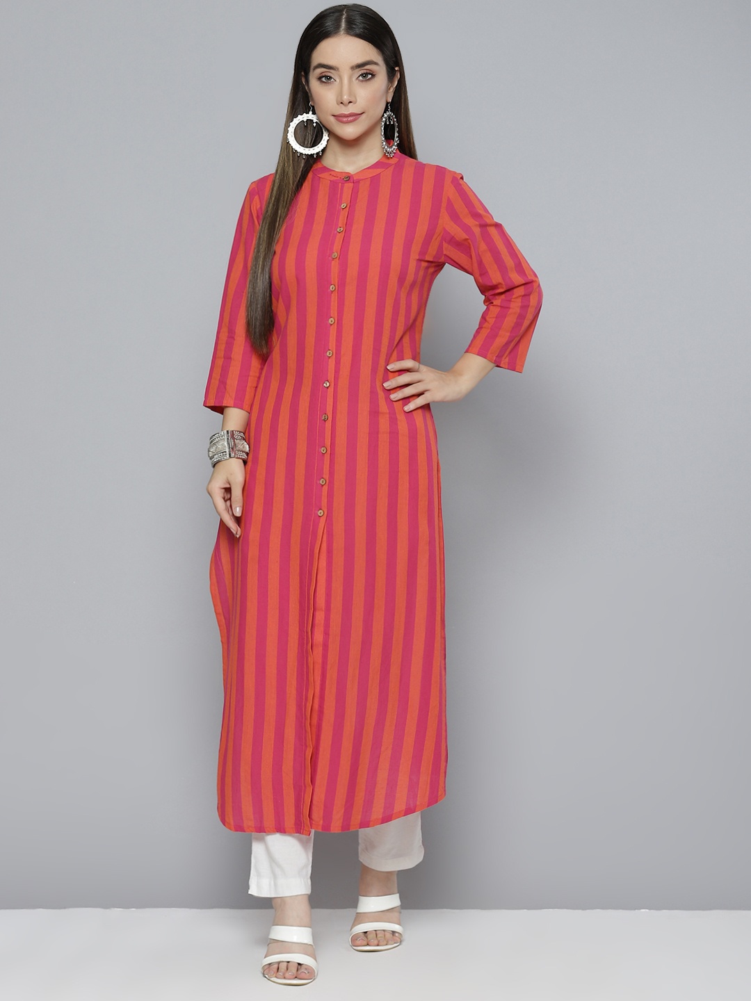 

Vishudh Women Pink & Orange Striped Kurta