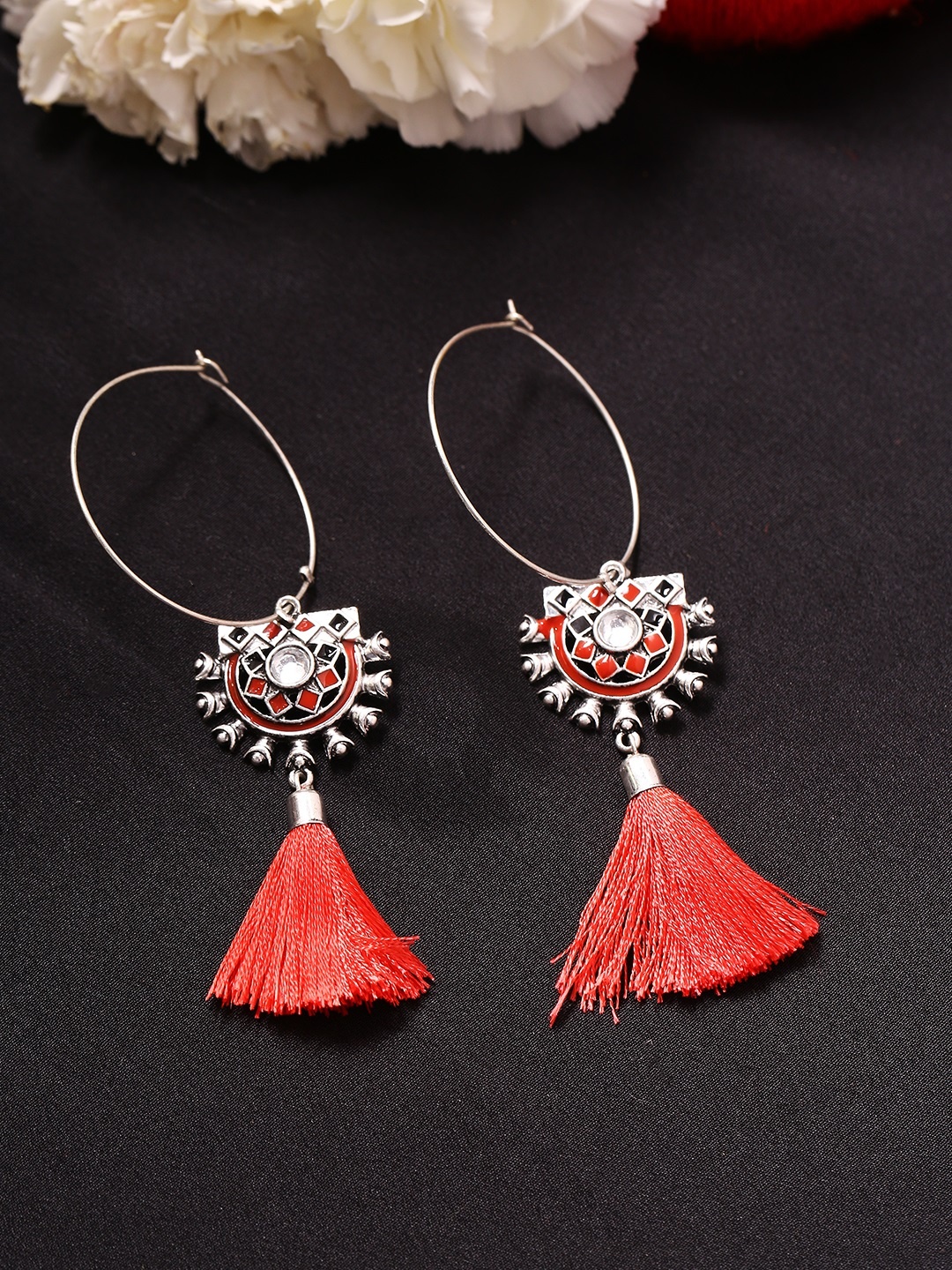 

Voylla Silver-Toned Rhodium-Plated Embellished Classic Theyyam Hoop Earrings