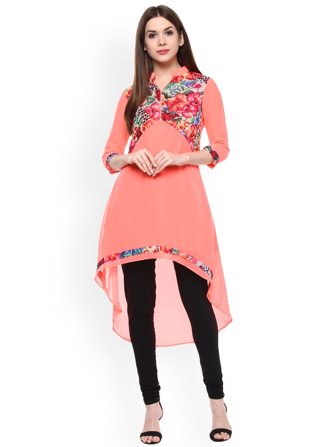 

StyleStone Women Neon Pink Floral Asymmetric Hemline Kurta